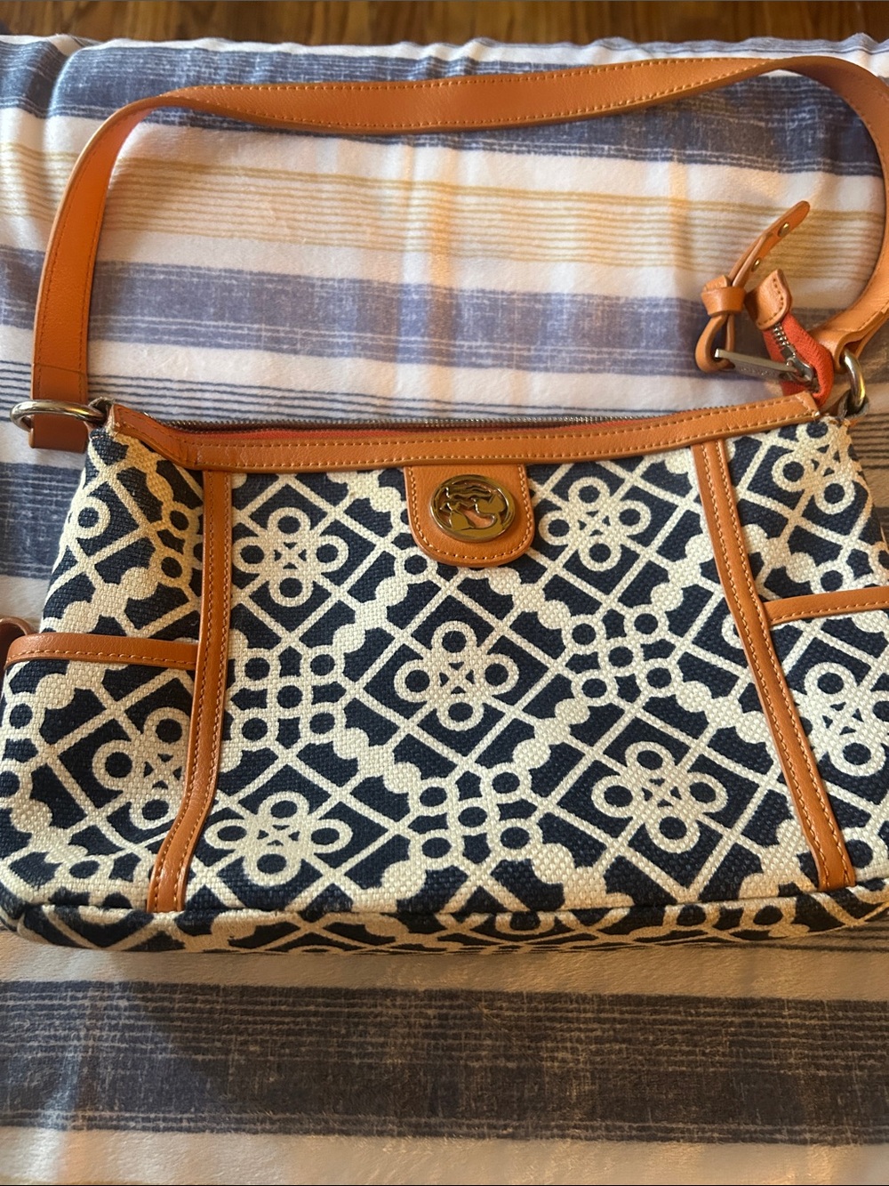 Spartina 449 Navy and Cream Geometric Shoulder Bag with Tan Trim